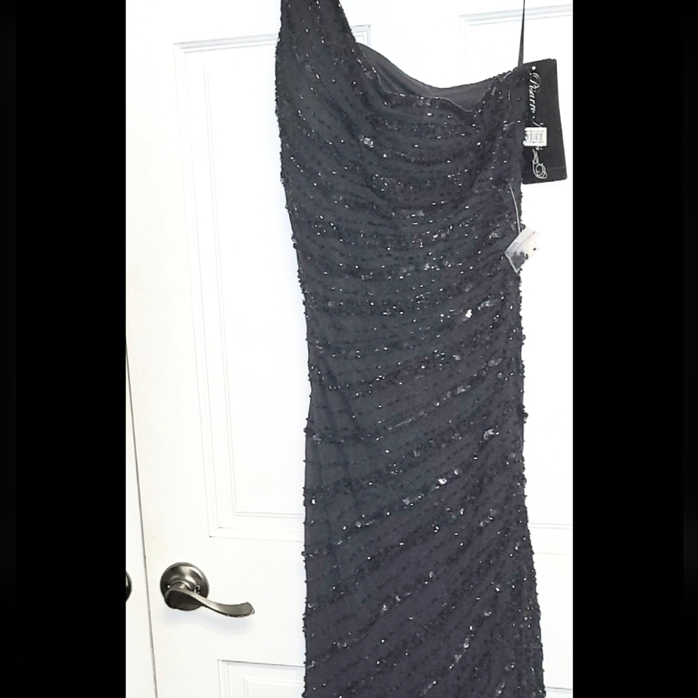 Pisarro Nights 100% Silk One-Shoulder Detailed Black Formal Dress- Sz 4 NWT $198